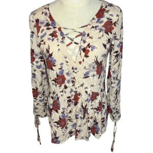 American Eagle Women's Floral V-Neck Knot Split Sleeve Oversized Blouse Top XS